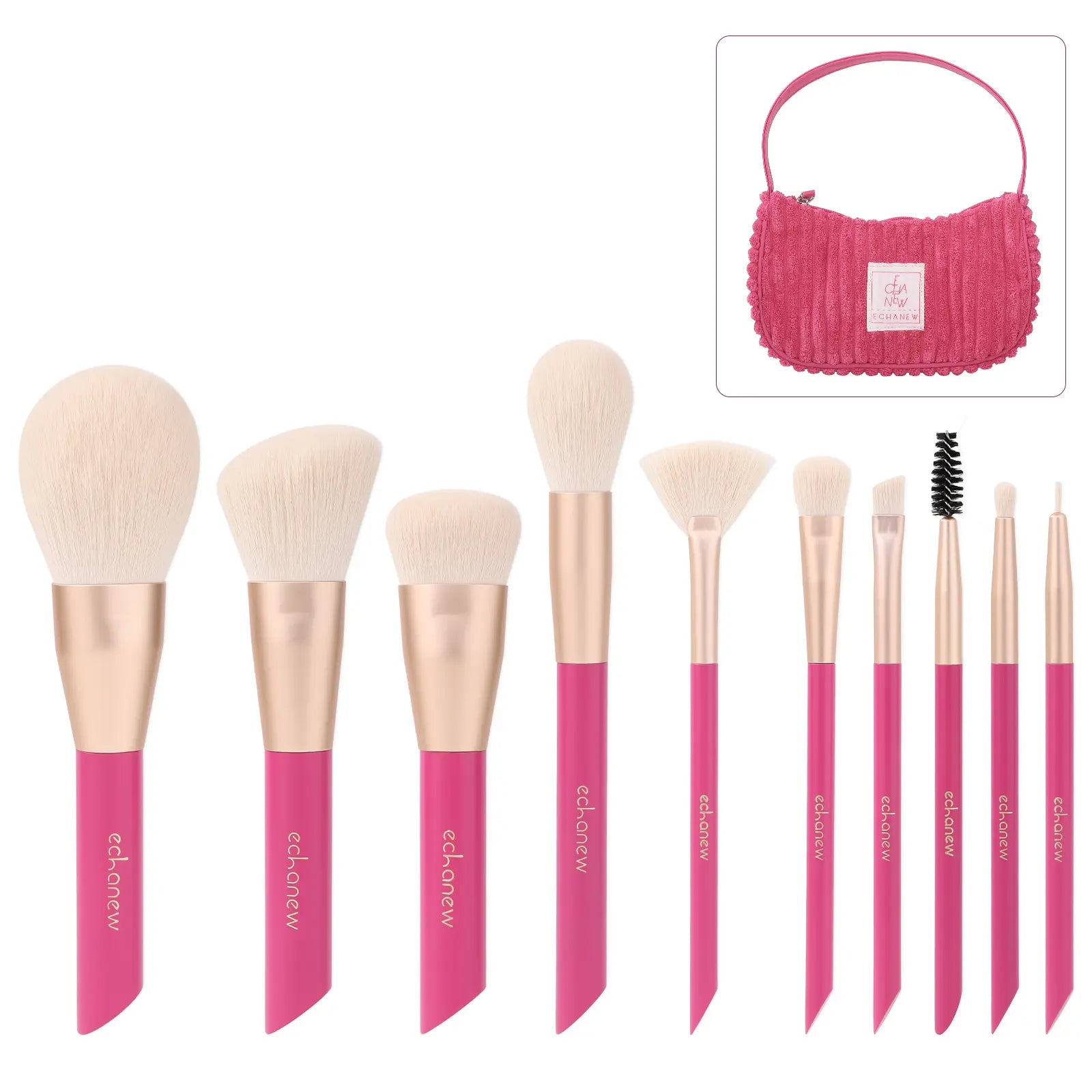 Elevate Your Beauty Game with the ECHANEW 10-Piece Professional Makeup Brush Set in Chic Pink Plush Case - Perfect for Flawless Foundation, Eyeshadow, and More!