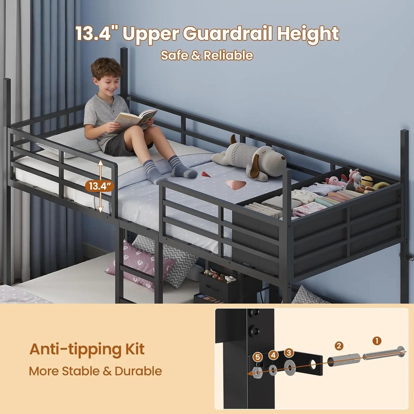Sikaic Triple Bunk Bed Twin Size with House, 4 Storage Drawers, Charging Station and LED Lights, Metal Kids Bunk Bed with 13.4" H Safety Guardrail and Play Curtain, DIY House Shaped Bed Summergarden