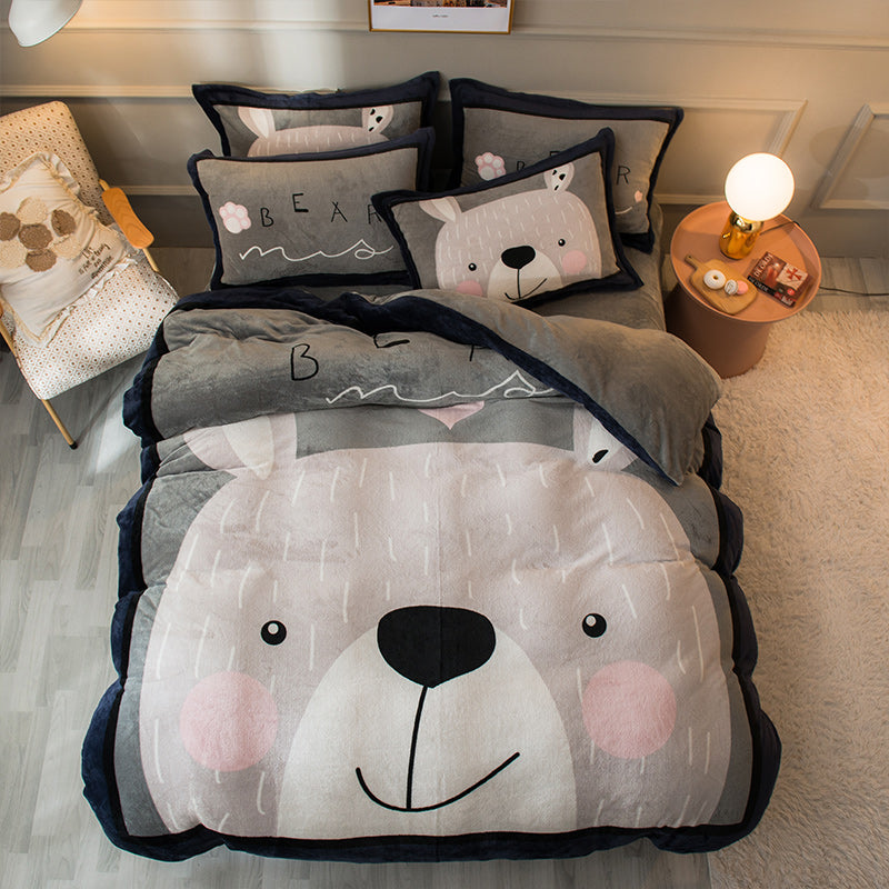 Cozy Cartoon Coral Velvet Bed Set with Plush Winter Milk Flannel Sheets – Perfect for Snuggling!