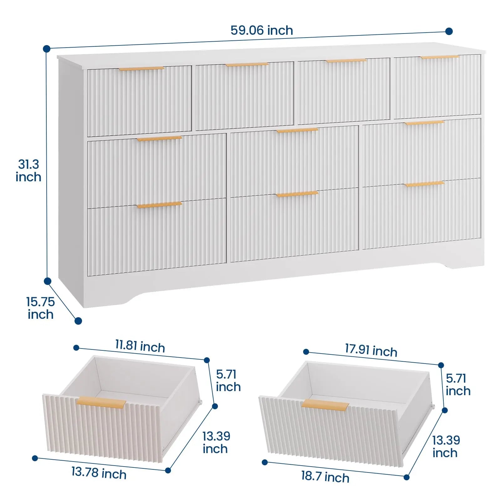 Yj-Garvee Elegant Fluted 10-Drawer Wooden Dresser - 59" Wide Modern Chest of Drawers for Stylish Storage in Bedroom & Living Room