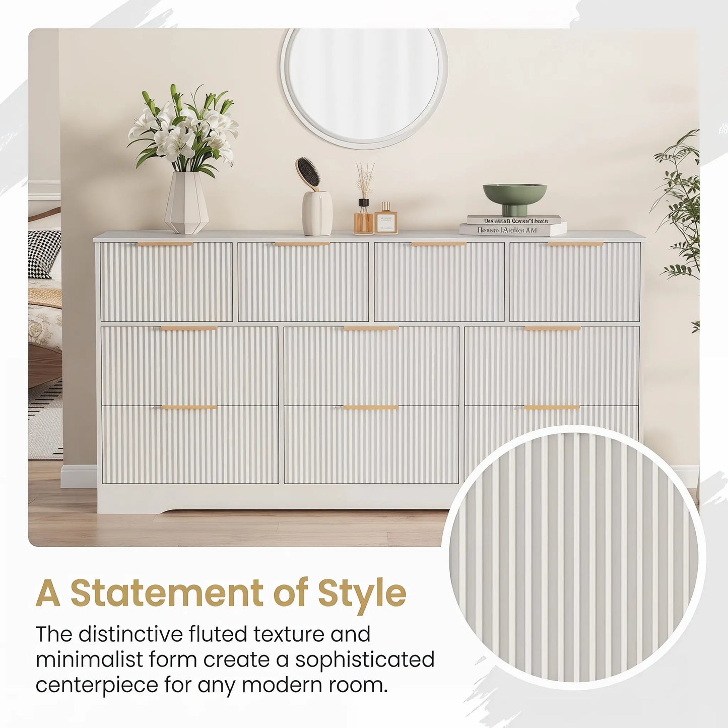 Yj-Garvee Elegant Fluted 10-Drawer Wooden Dresser - 59" Wide Modern Chest of Drawers for Stylish Storage in Bedroom & Living Room