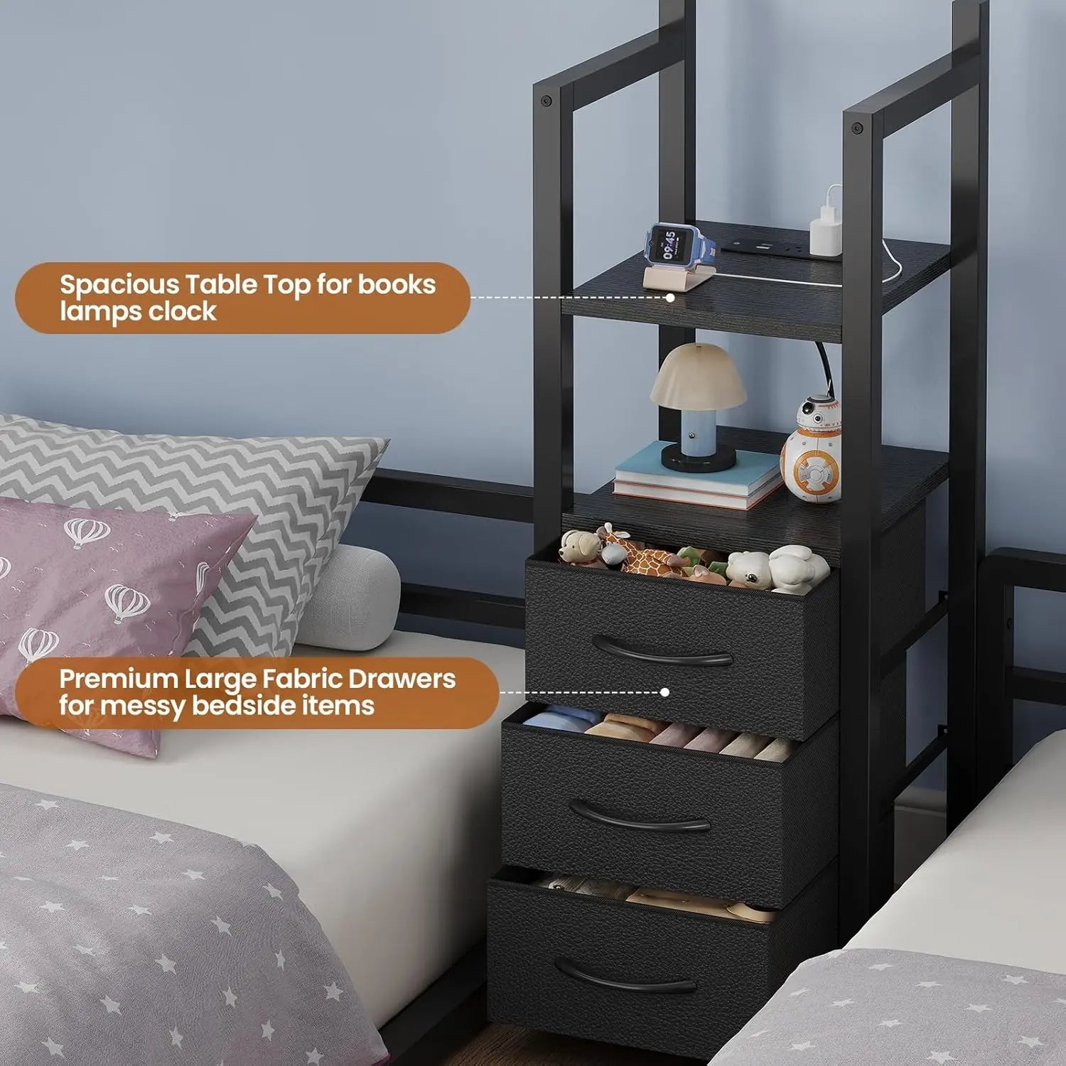 Sikaic Triple Bunk Bed Twin Size with House, 4 Storage Drawers, Charging Station and LED Lights, Metal Kids Bunk Bed with 13.4" H Safety Guardrail and Play Curtain, DIY House Shaped Bed Summergarden