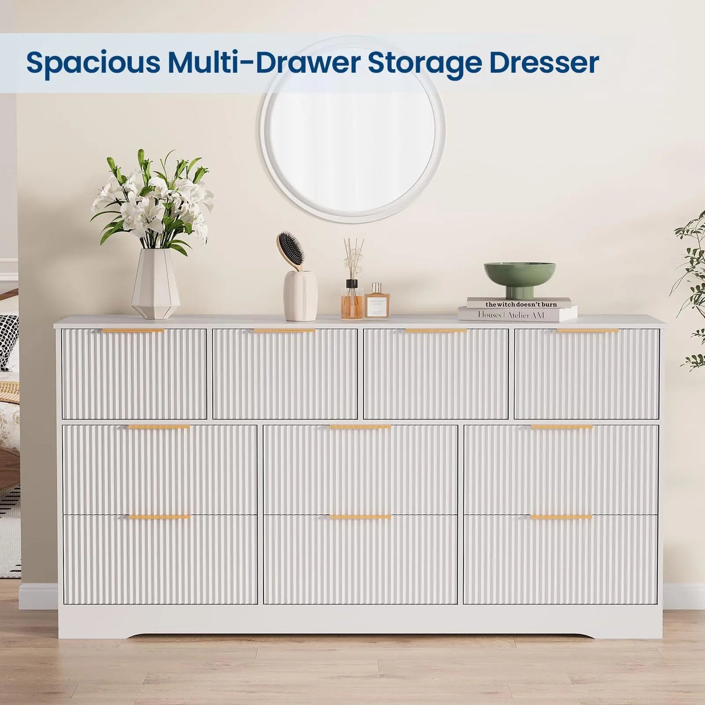 Yj-Garvee Elegant Fluted 10-Drawer Wooden Dresser - 59" Wide Modern Chest of Drawers for Stylish Storage in Bedroom & Living Room