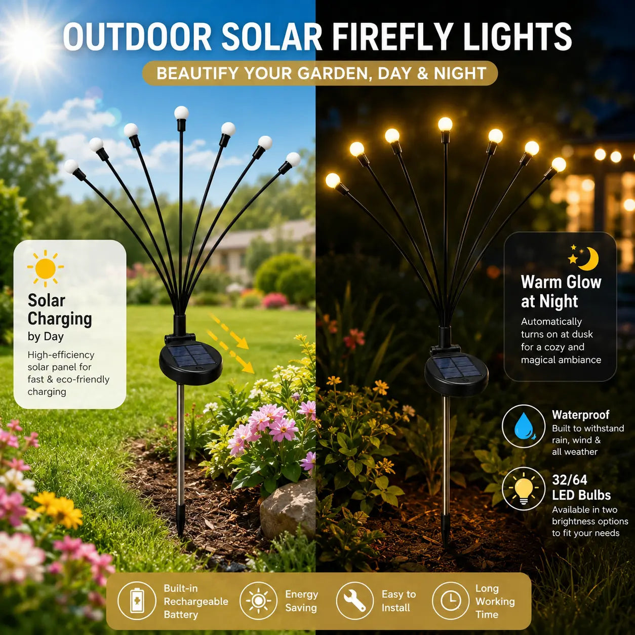 Solar Firefly Lights Outdoor - 4/8 Pack Waterproof Garden Stake Lights with Auto Dusk to Dawn Sensor, 32/64 LED Bulbs for Yard, Patio, Pathway, Walkway & Landscape Decor
