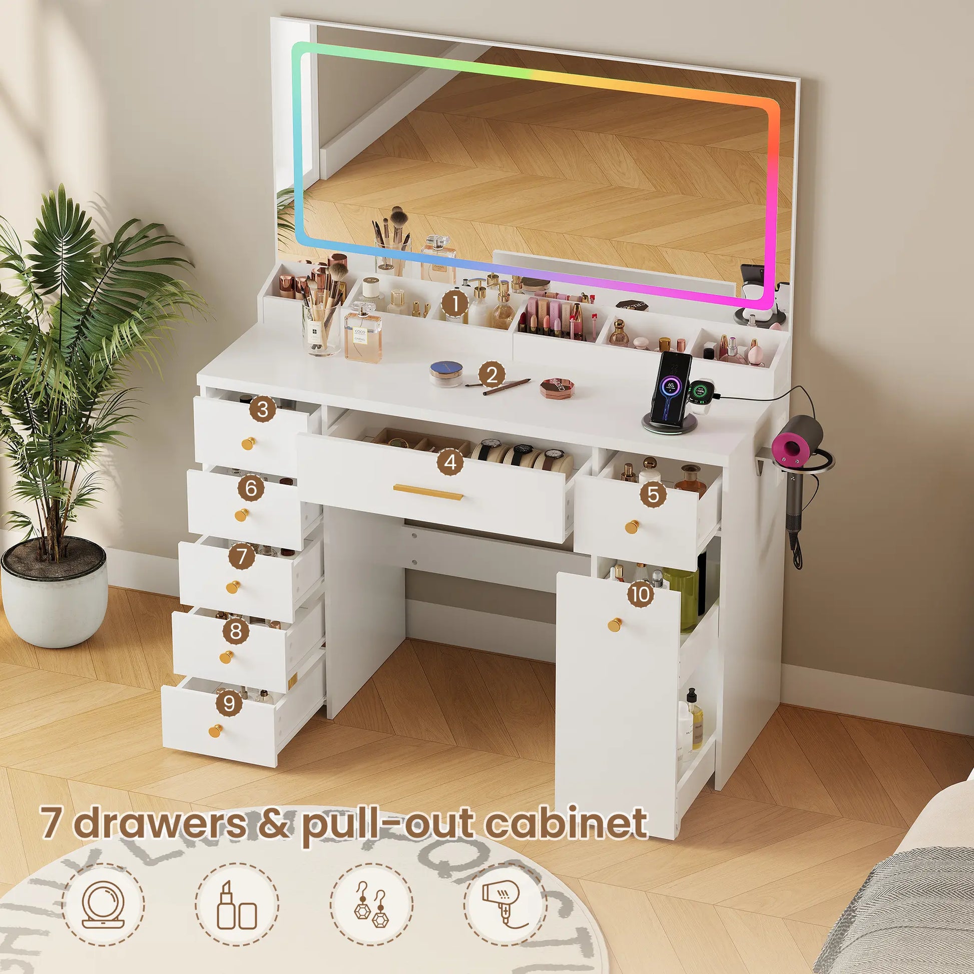 Illuminate Your Space: Modern 7-Drawer Vanity Table with Colorful LED Lights and Power Outlet - Perfect Dressing Table for Girls
