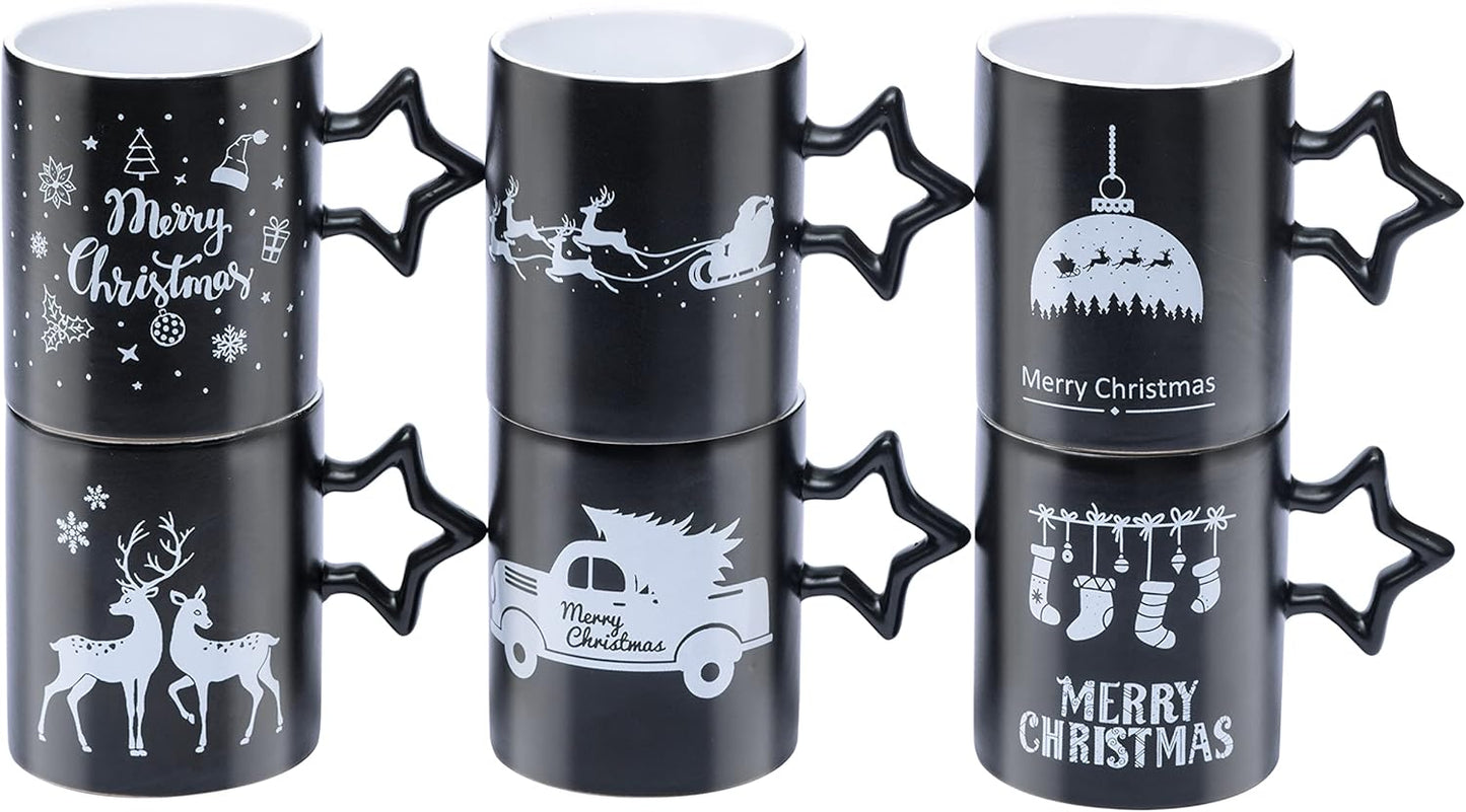 Charming Black Star Handle Coffee Mugs - Set of 6 Large 14 Oz Holiday Cups Perfect for Hot Beverages and DIY Decor