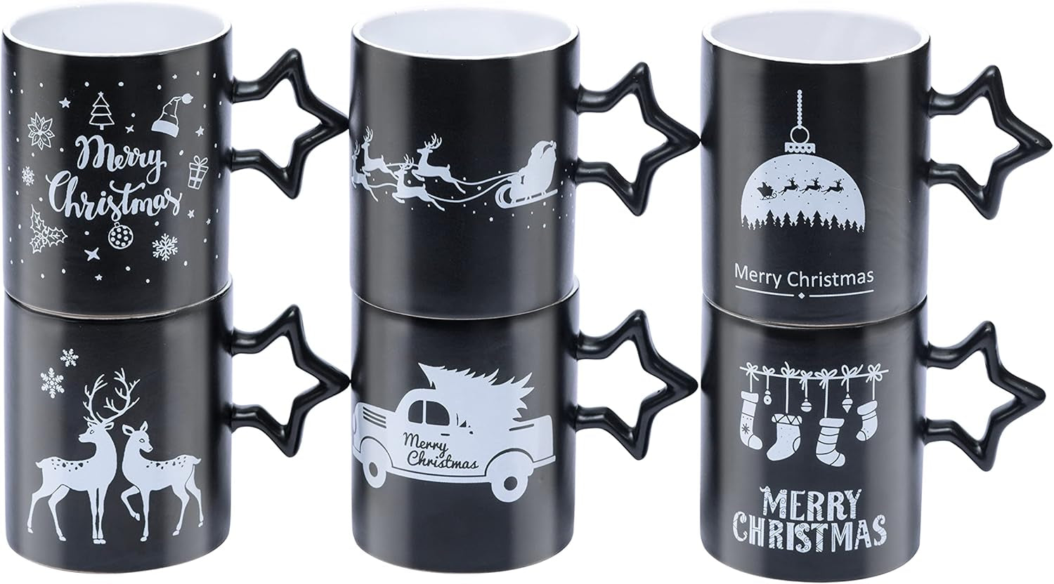 Charming Black Star Handle Coffee Mugs - Set of 6 Large 14 Oz Holiday Cups Perfect for Hot Beverages and DIY Decor