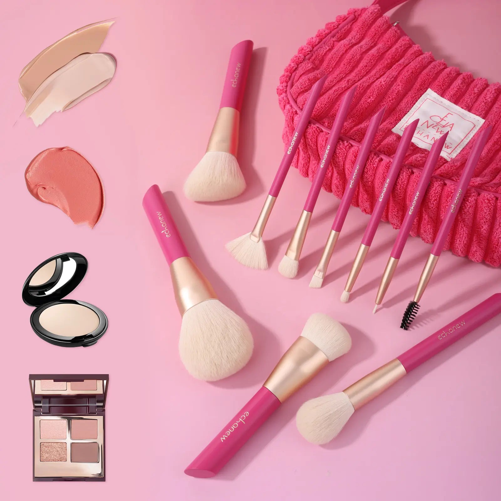 Elevate Your Beauty Game with the ECHANEW 10-Piece Professional Makeup Brush Set in Chic Pink Plush Case - Perfect for Flawless Foundation, Eyeshadow, and More!