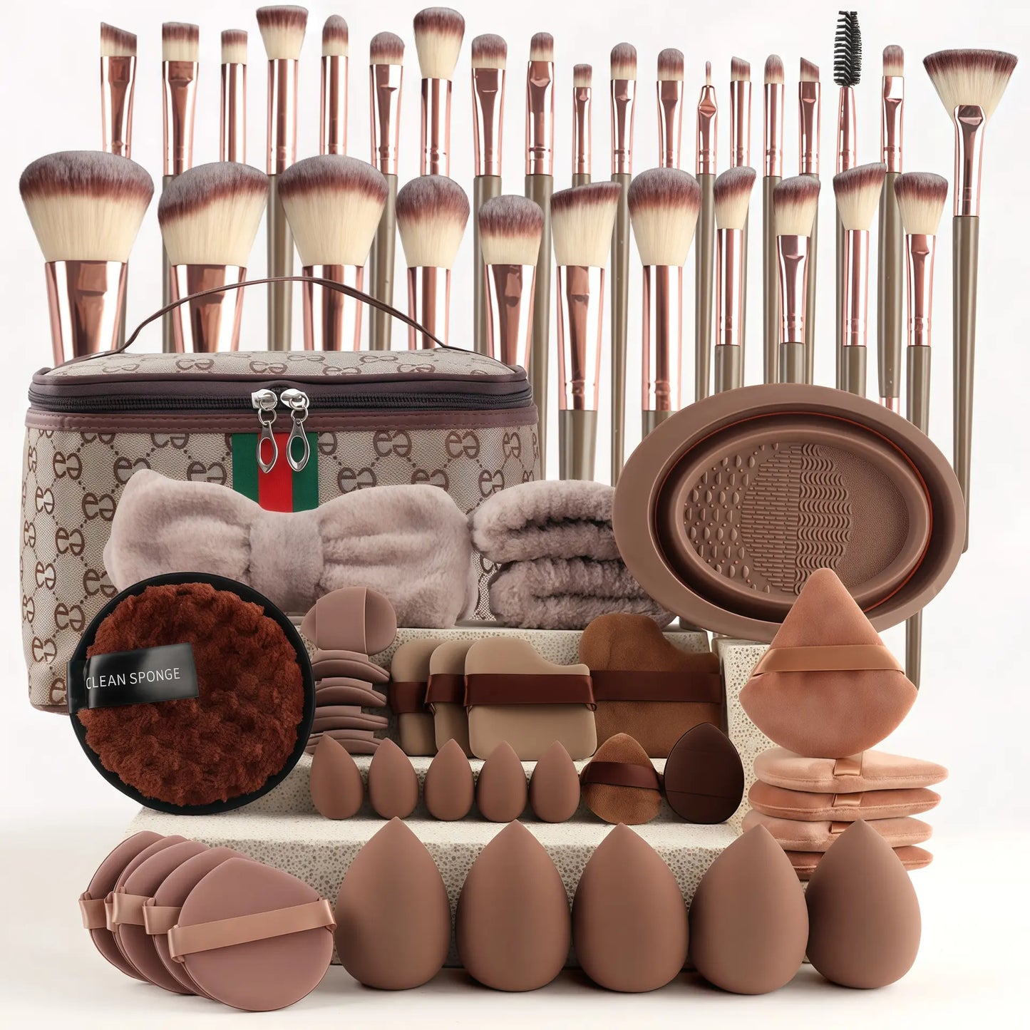 67 Piece Luxe Makeup Brush Set in Brown with Chic Puff Storage Bag - Your Ultimate Beauty Companion for Flawless Foundation, Blending, and Contouring!