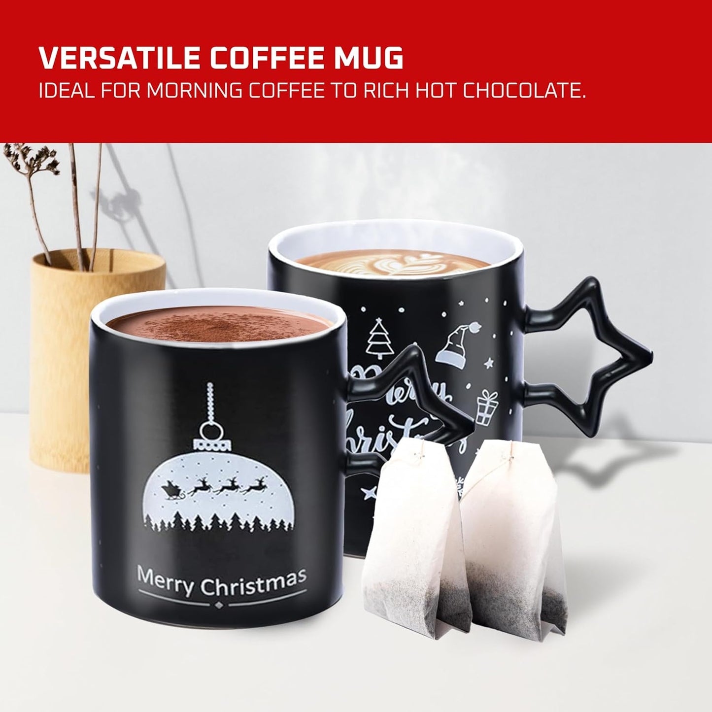 Charming Black Star Handle Coffee Mugs - Set of 6 Large 14 Oz Holiday Cups Perfect for Hot Beverages and DIY Decor
