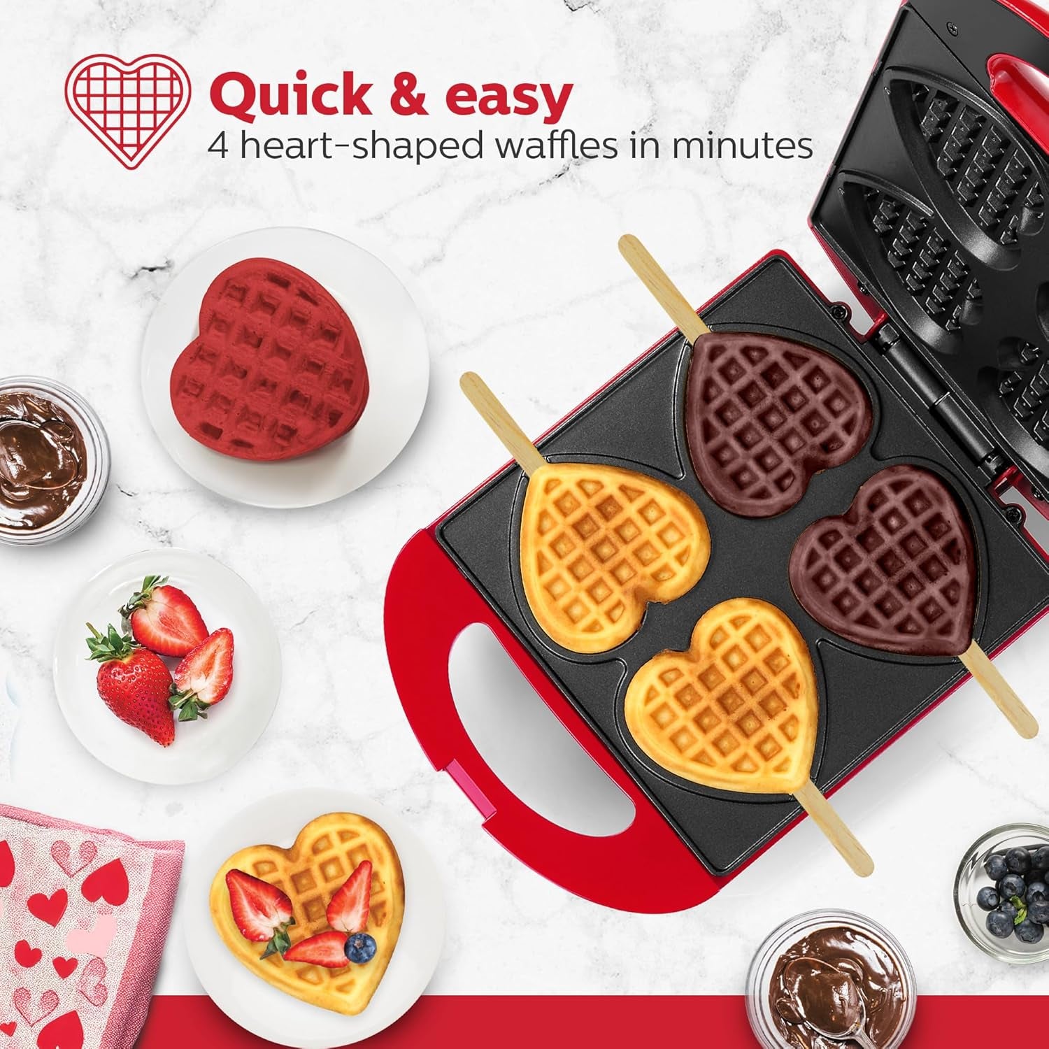 Delightful 4-Section Heart Shaped Waffle Maker - Create Love-Filled Waffles in Minutes with Non-Stick, PFOA-Free Design, Perfect for Kids and Family Fun!