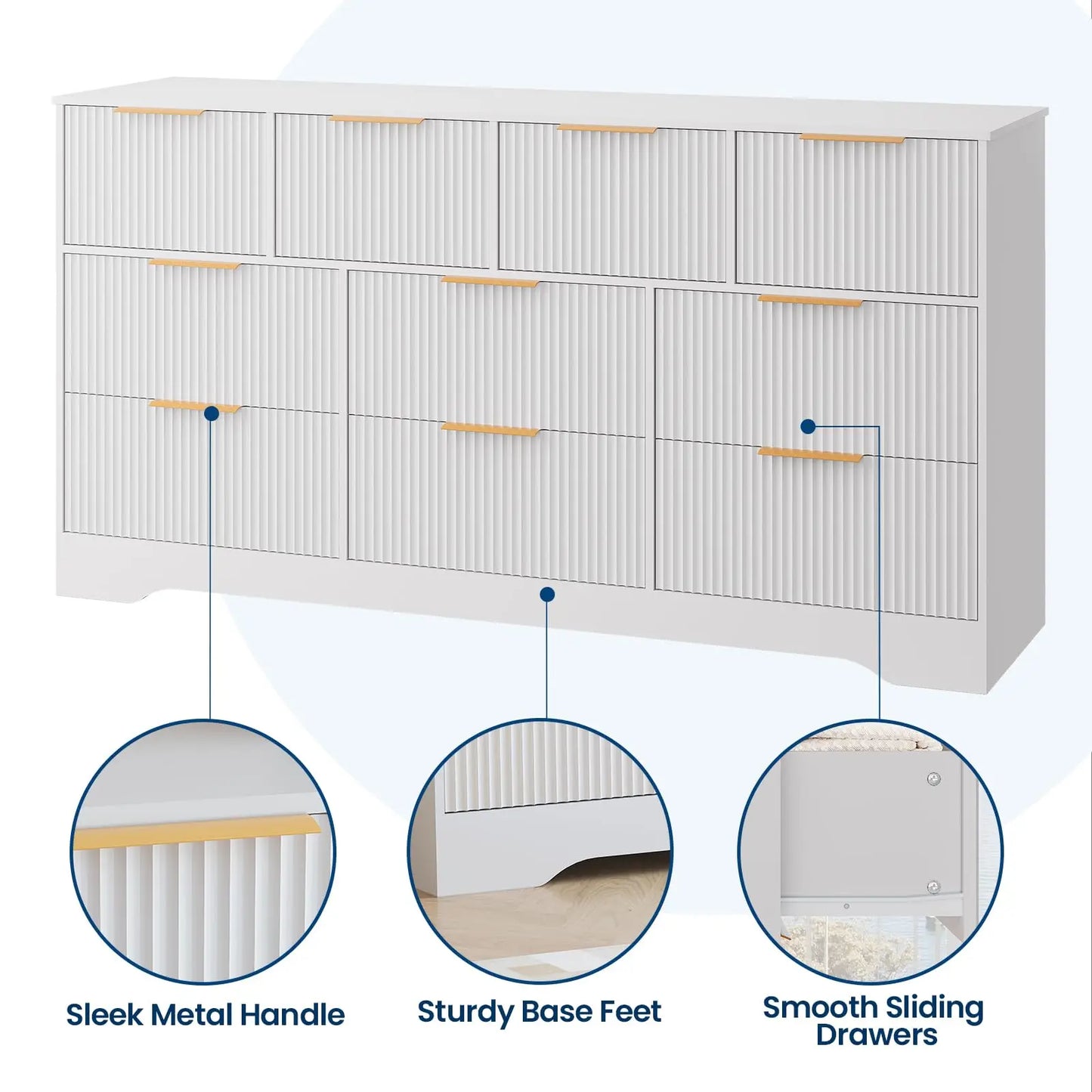 Yj-Garvee Elegant Fluted 10-Drawer Wooden Dresser - 59" Wide Modern Chest of Drawers for Stylish Storage in Bedroom & Living Room
