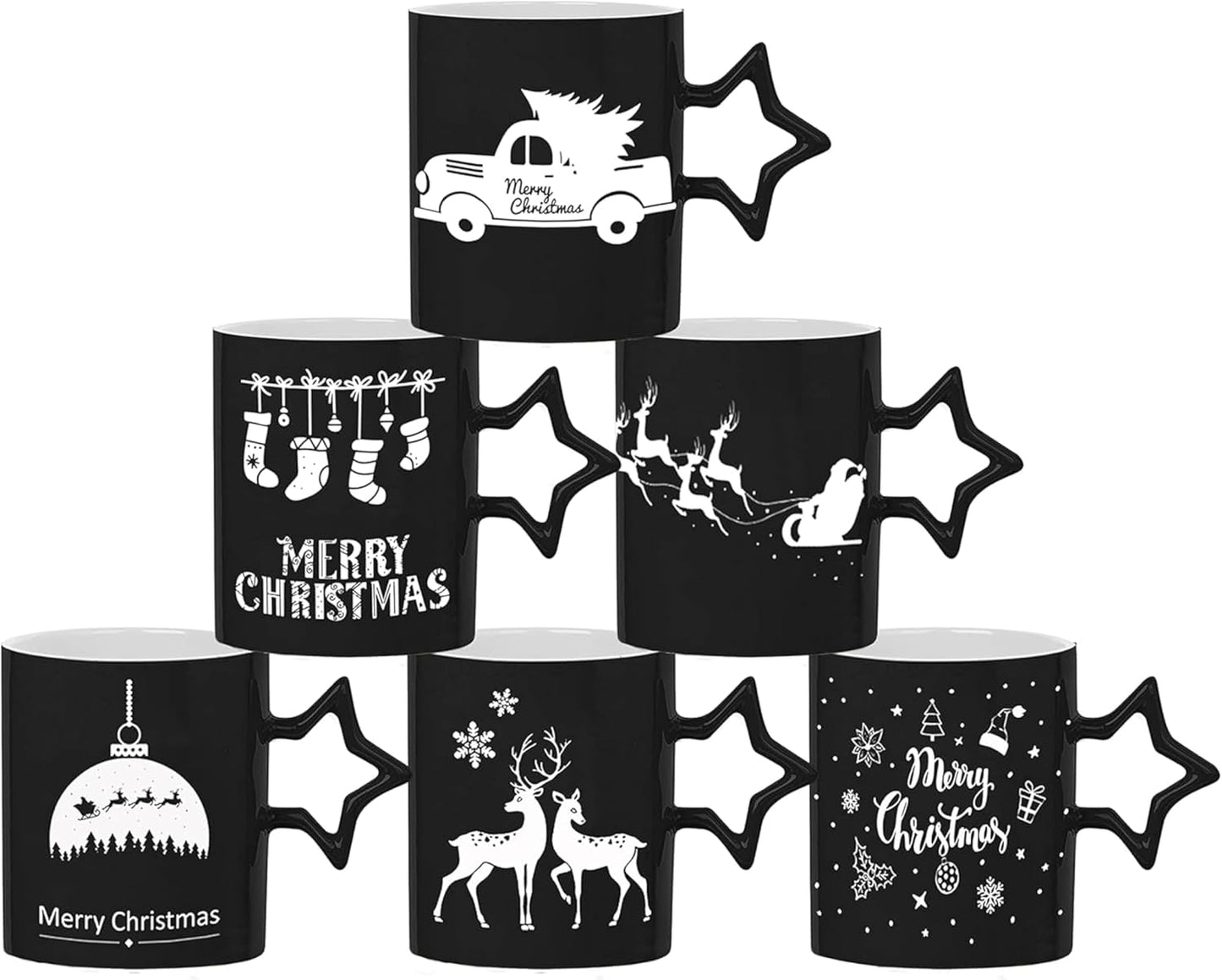 Charming Black Star Handle Coffee Mugs - Set of 6 Large 14 Oz Holiday Cups Perfect for Hot Beverages and DIY Decor