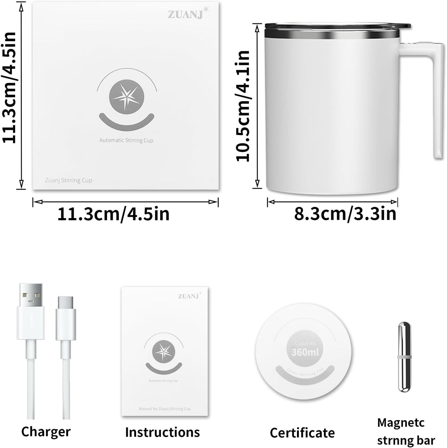Self Stirring Mug, 12.2 Oz Self Stirring Coffee Mug with Magnetic Stirrer & Anti-Sedimentation, Rechargeable Auto Magnetic Coffee Mug for Coffee, Milk, Hot Cocoa (White)