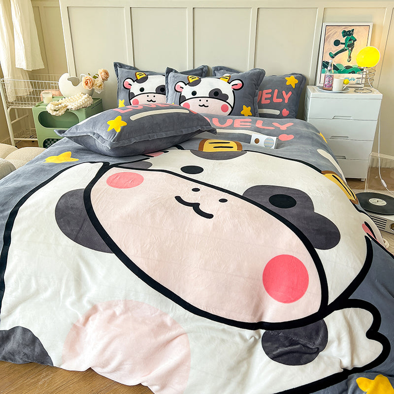 Cozy Cartoon Coral Velvet Bed Set with Plush Winter Milk Flannel Sheets – Perfect for Snuggling!