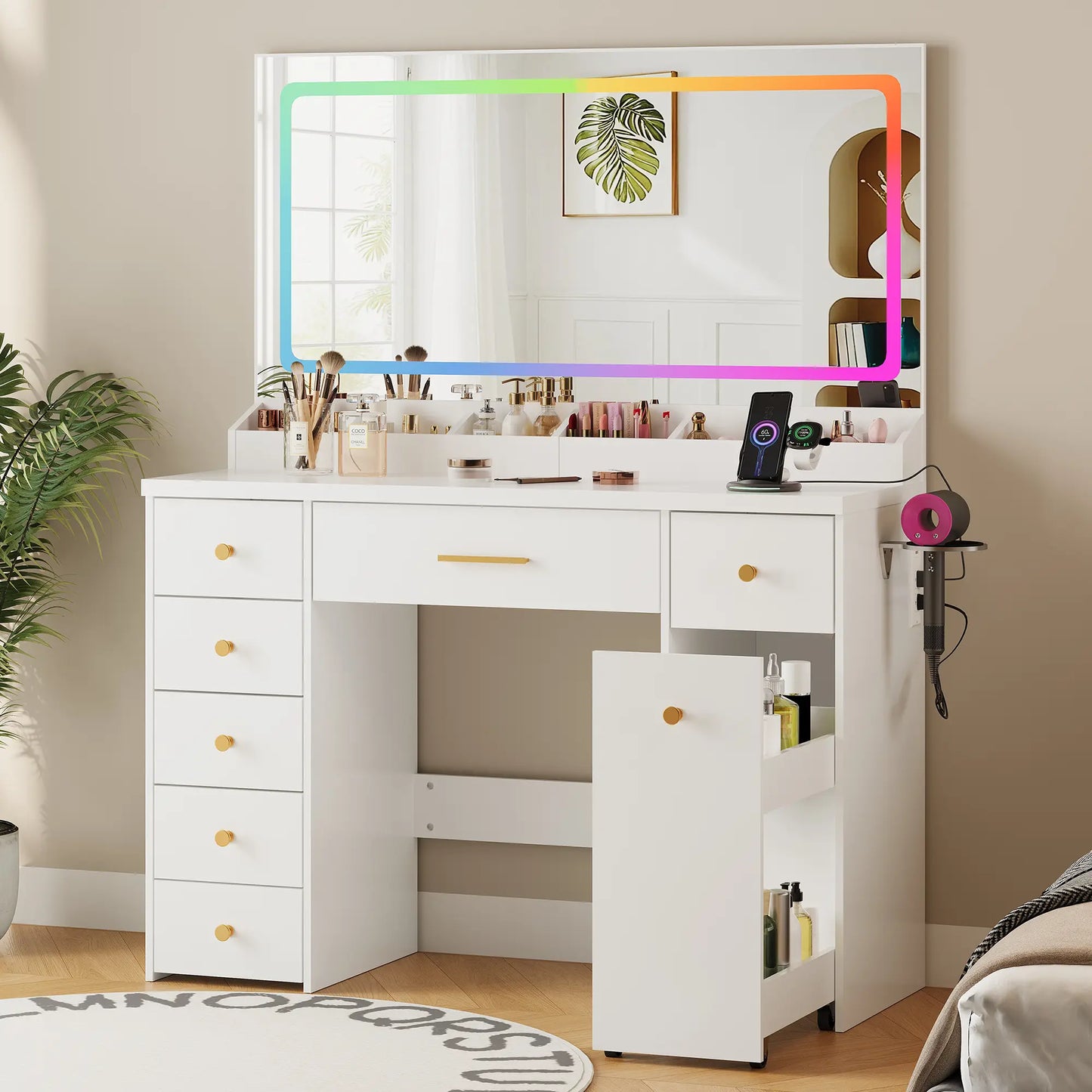Illuminate Your Space: Modern 7-Drawer Vanity Table with Colorful LED Lights and Power Outlet - Perfect Dressing Table for Girls