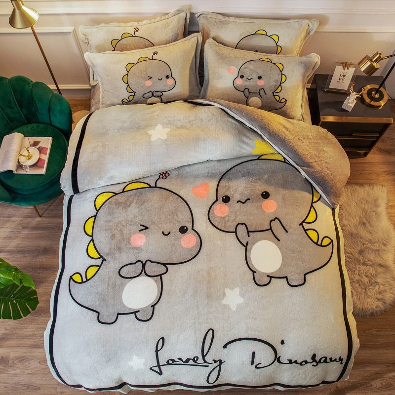 Cozy Cartoon Coral Velvet Bed Set with Plush Winter Milk Flannel Sheets – Perfect for Snuggling!