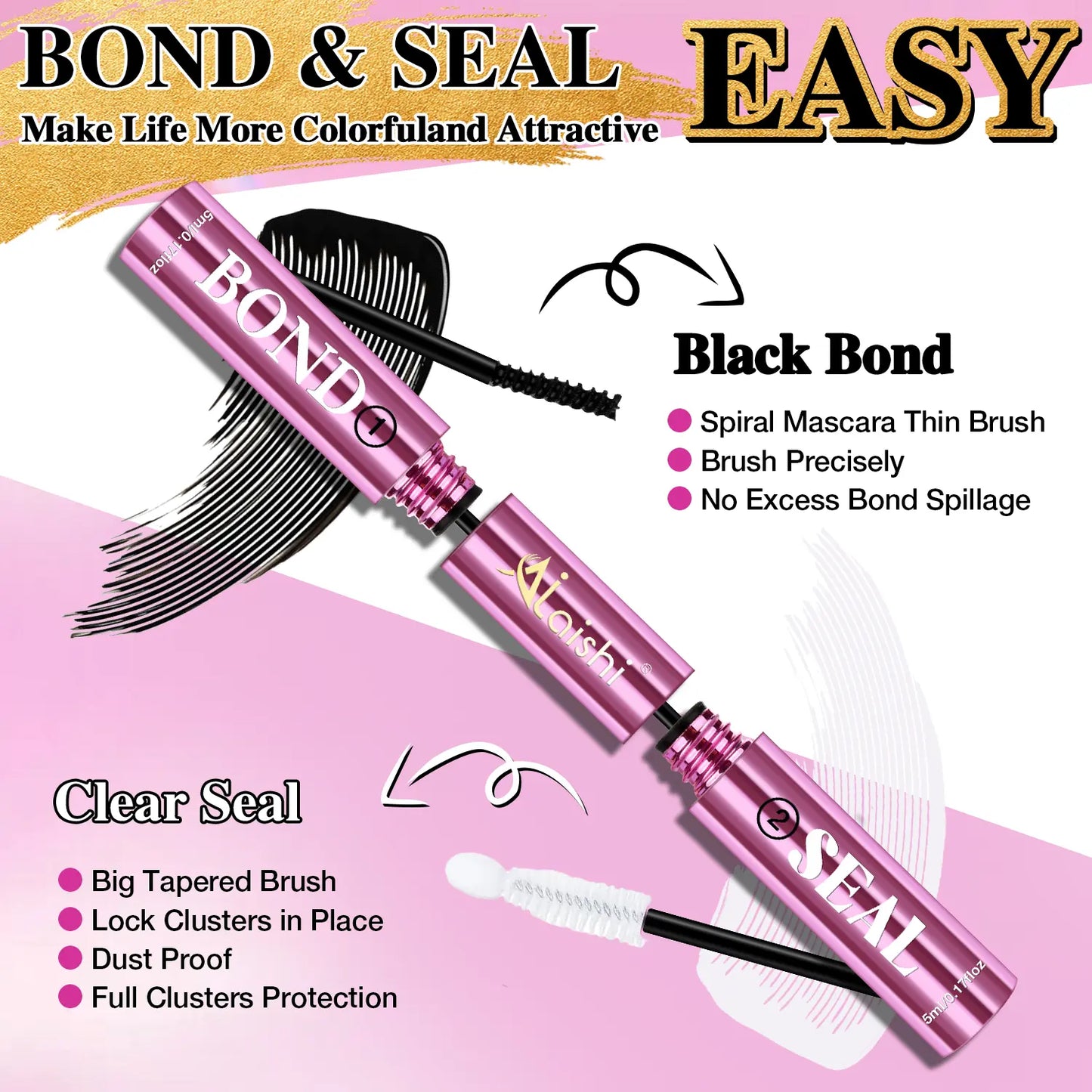 Ailaishi 2-in-1 Lash Bond & Seal: Waterproof Makeup Glue for Long-Lasting Cluster Lashes - Perfect for Beginners