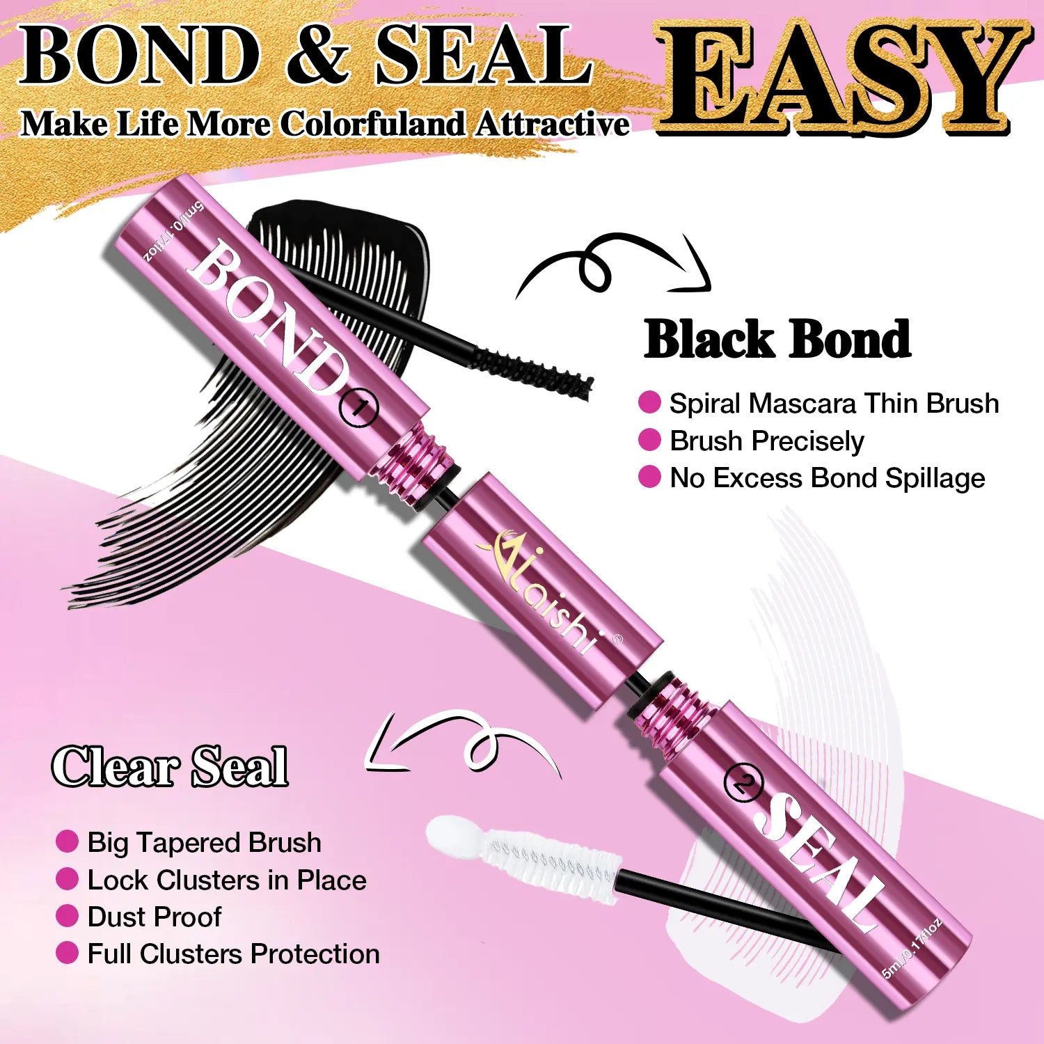 Ailaishi 2-in-1 Lash Bond & Seal: Waterproof Makeup Glue for Long-Lasting Cluster Lashes - Perfect for Beginners