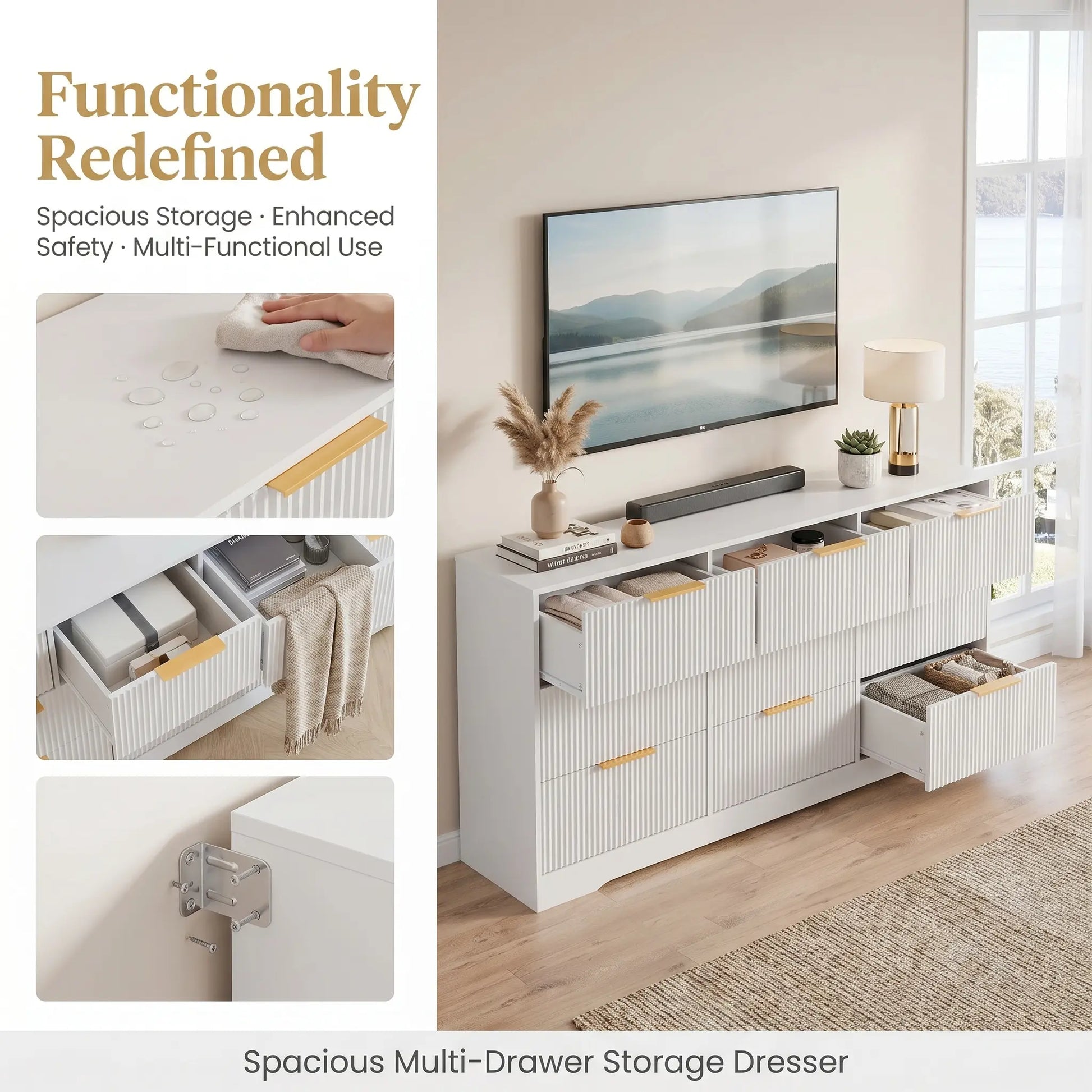 Yj-Garvee Elegant Fluted 10-Drawer Wooden Dresser - 59" Wide Modern Chest of Drawers for Stylish Storage in Bedroom & Living Room