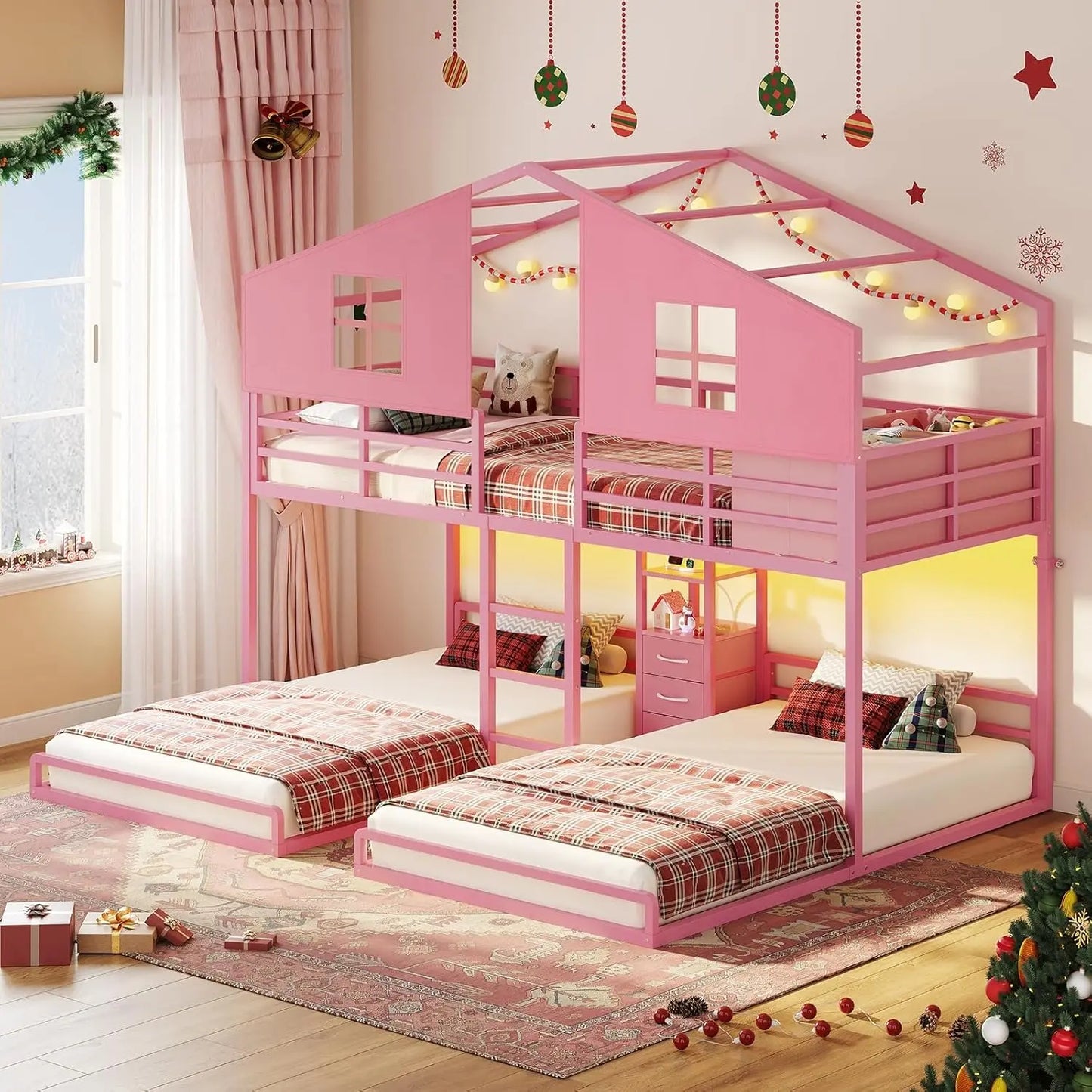 Sikaic Triple Bunk Bed Twin Size with House, 4 Storage Drawers, Charging Station and LED Lights, Metal Kids Bunk Bed with 13.4" H Safety Guardrail and Play Curtain, DIY House Shaped Bed Summergarden