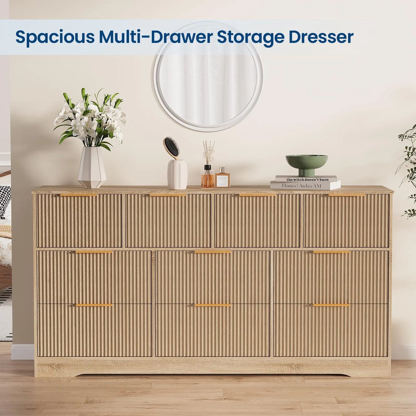 Yj-Garvee Elegant Fluted 10-Drawer Wooden Dresser - 59" Wide Modern Chest of Drawers for Stylish Storage in Bedroom & Living Room