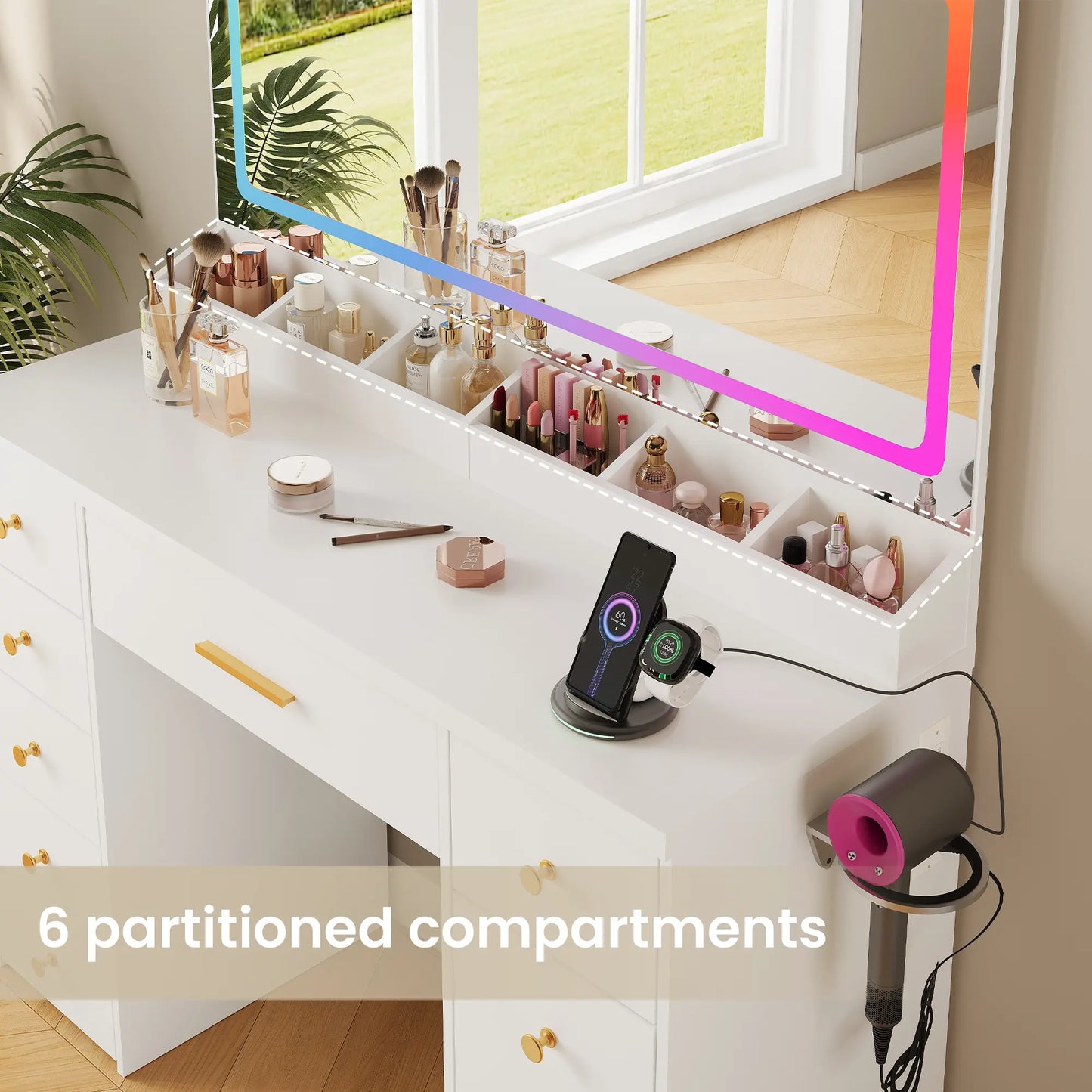 Illuminate Your Space: Modern 7-Drawer Vanity Table with Colorful LED Lights and Power Outlet - Perfect Dressing Table for Girls