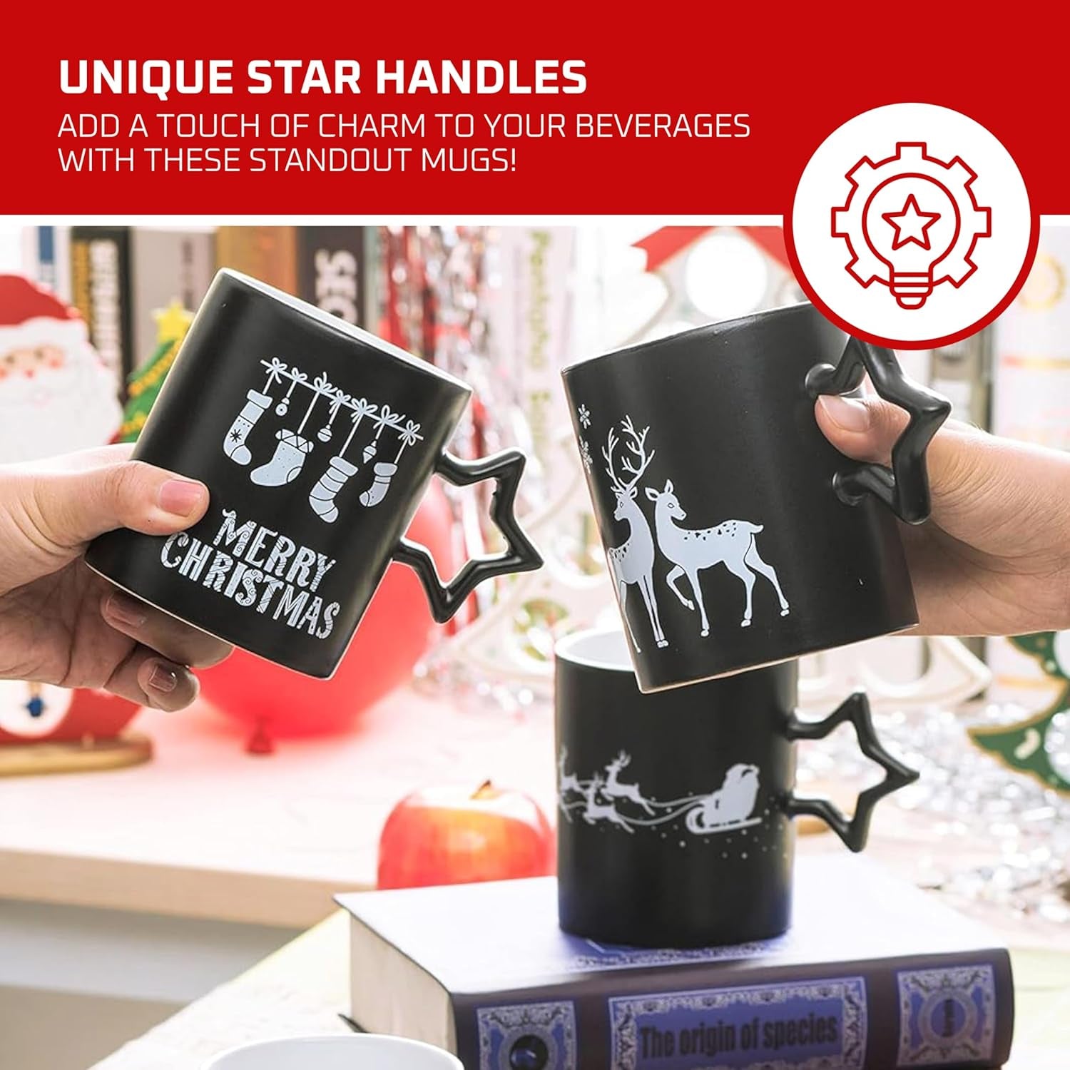 Charming Black Star Handle Coffee Mugs - Set of 6 Large 14 Oz Holiday Cups Perfect for Hot Beverages and DIY Decor