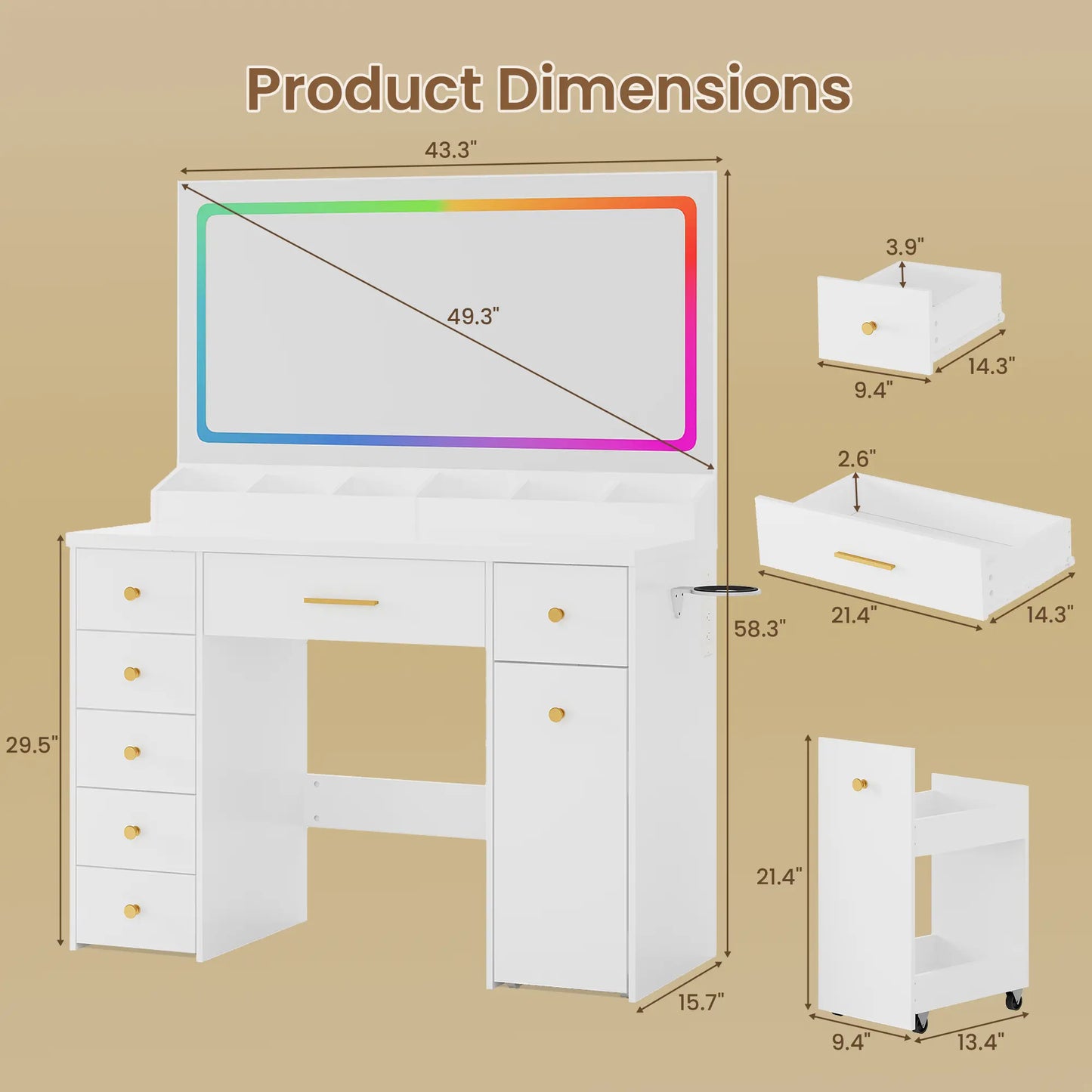 Illuminate Your Space: Modern 7-Drawer Vanity Table with Colorful LED Lights and Power Outlet - Perfect Dressing Table for Girls