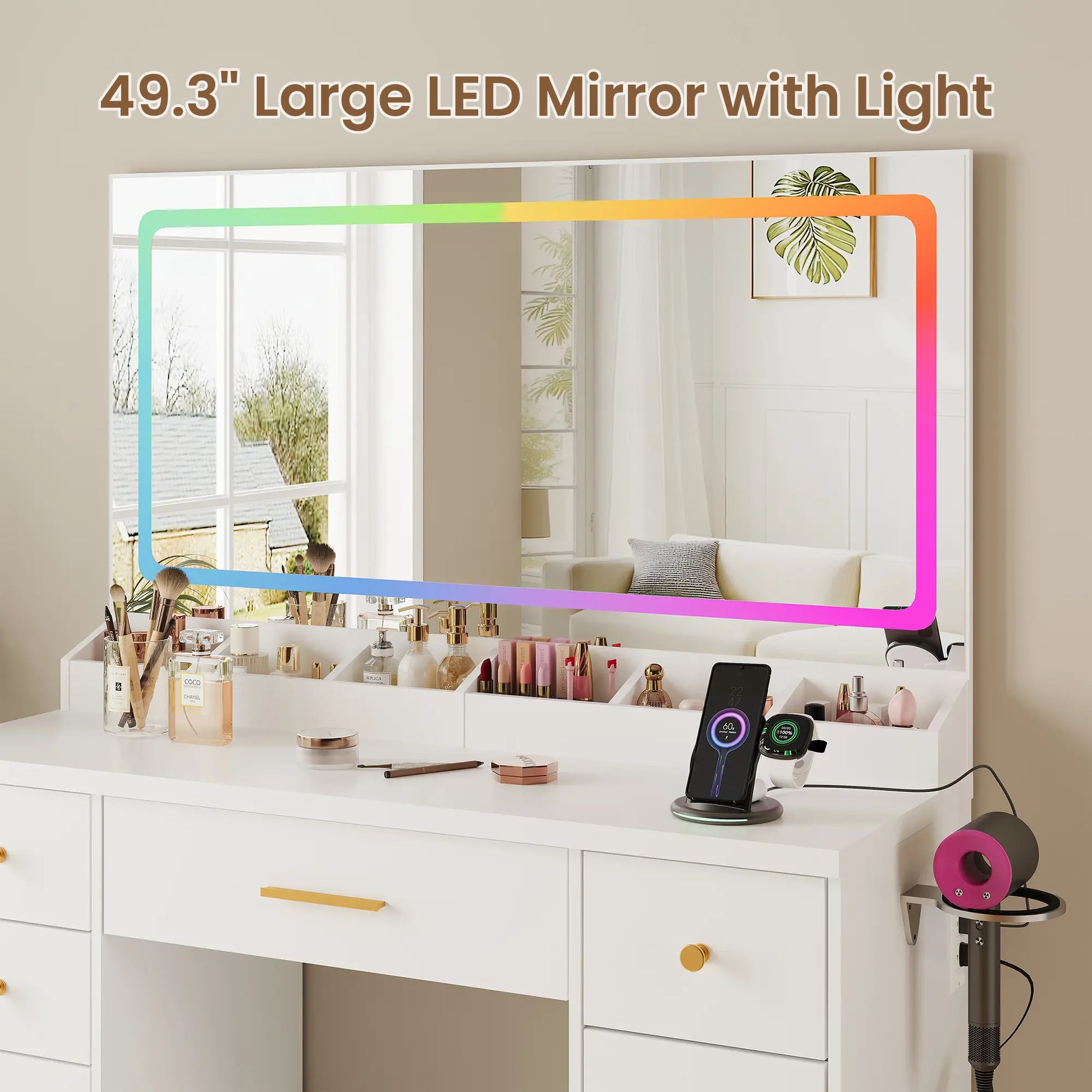 Illuminate Your Space: Modern 7-Drawer Vanity Table with Colorful LED Lights and Power Outlet - Perfect Dressing Table for Girls