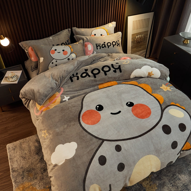 Cozy Cartoon Coral Velvet Bed Set with Plush Winter Milk Flannel Sheets – Perfect for Snuggling!