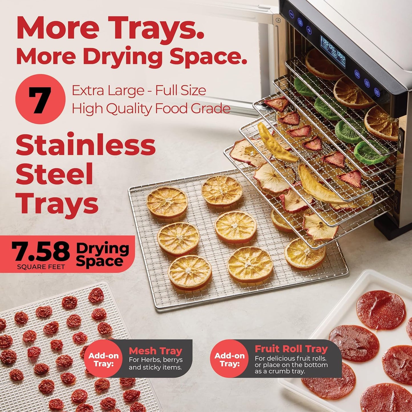 Transform Your Kitchen with the Pro Food Dehydrator Machine - 7 XL Stainless Steel Trays for Perfectly Dried Jerky, Dog Treats, Herbs, Meat, and Fruits | Advanced Digital Control with Keep Warm Function