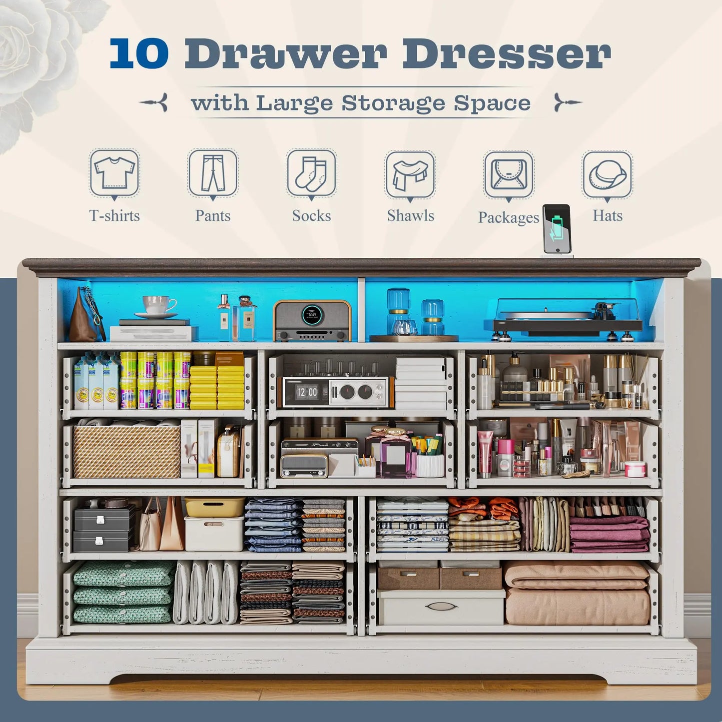 Raybeefurniture 47.2“/”55.2''Wide Dresser for Bedroom, Wood Dresser with LED & Power Outlet, Vintage 6/10 Drawer & Chests of Drawers, TV Stand, Closet,Hallway