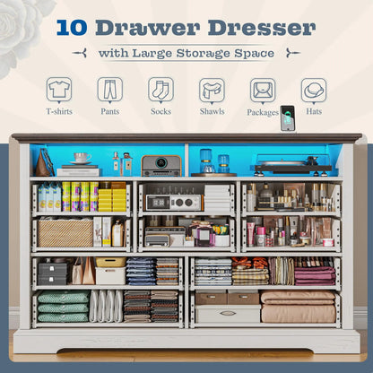 Raybeefurniture 47.2“/”55.2''Wide Dresser for Bedroom, Wood Dresser with LED & Power Outlet, Vintage 6/10 Drawer & Chests of Drawers, TV Stand, Closet,Hallway