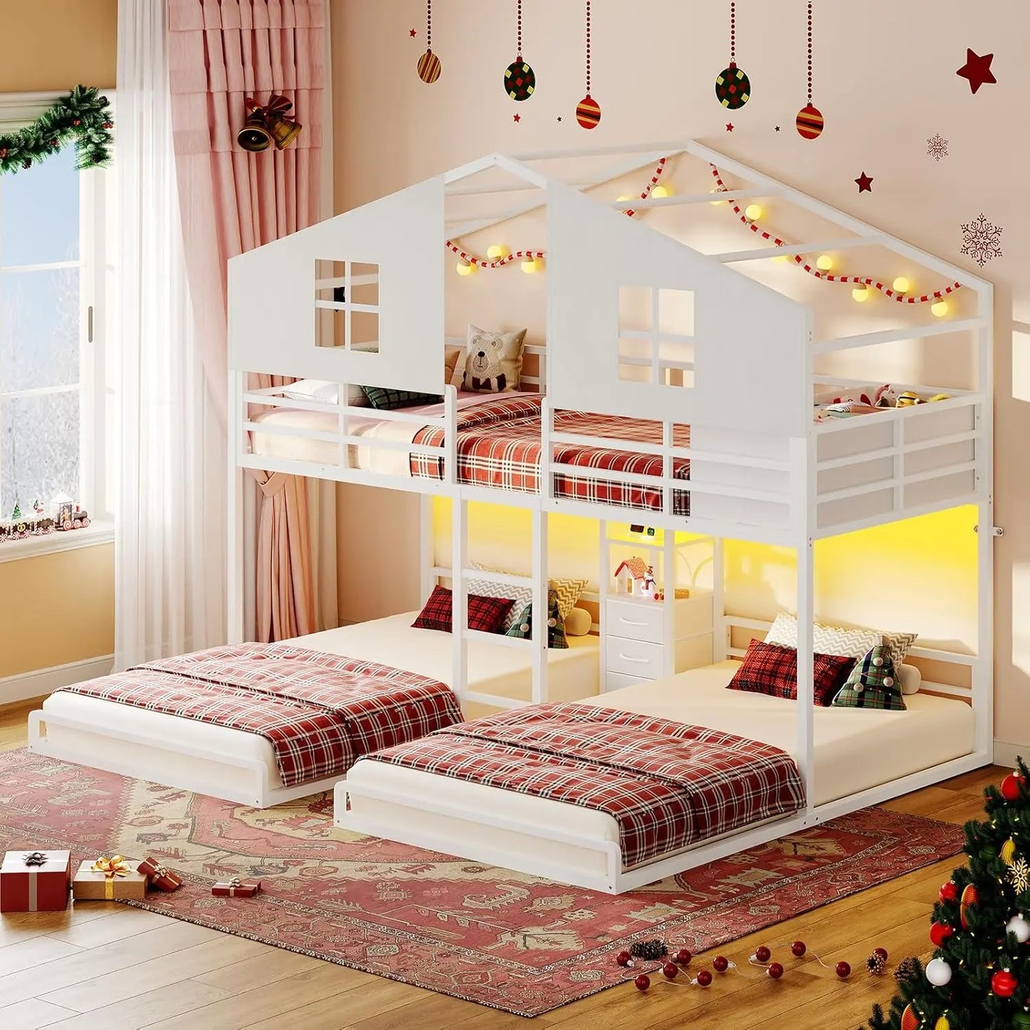 Sikaic Triple Bunk Bed Twin Size with House, 4 Storage Drawers, Charging Station and LED Lights, Metal Kids Bunk Bed with 13.4" H Safety Guardrail and Play Curtain, DIY House Shaped Bed Summergarden