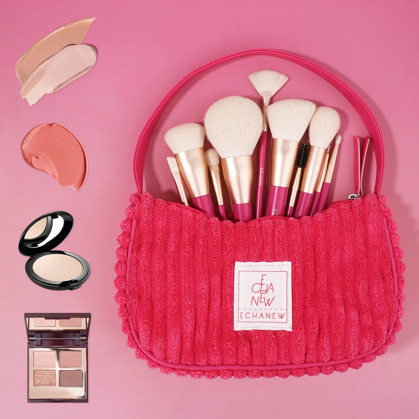 Elevate Your Beauty Game with the ECHANEW 10-Piece Professional Makeup Brush Set in Chic Pink Plush Case - Perfect for Flawless Foundation, Eyeshadow, and More!