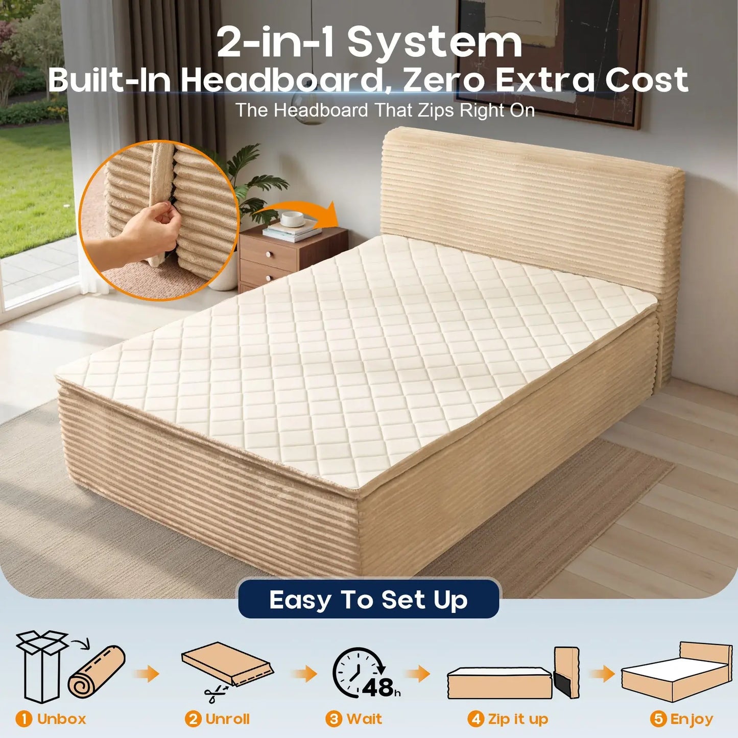 Transform Your Space with the Ovios 3-In-1 Sofa Bed Mattress - Effortless Comfort and Style with Removable Headboard, Integrated Frame, and Premium Memory Foam